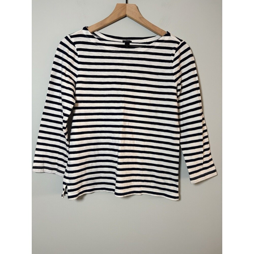 J. Crew Top Womens Small White Striped 3/4 Sleeve Cotton Nautical Coastal